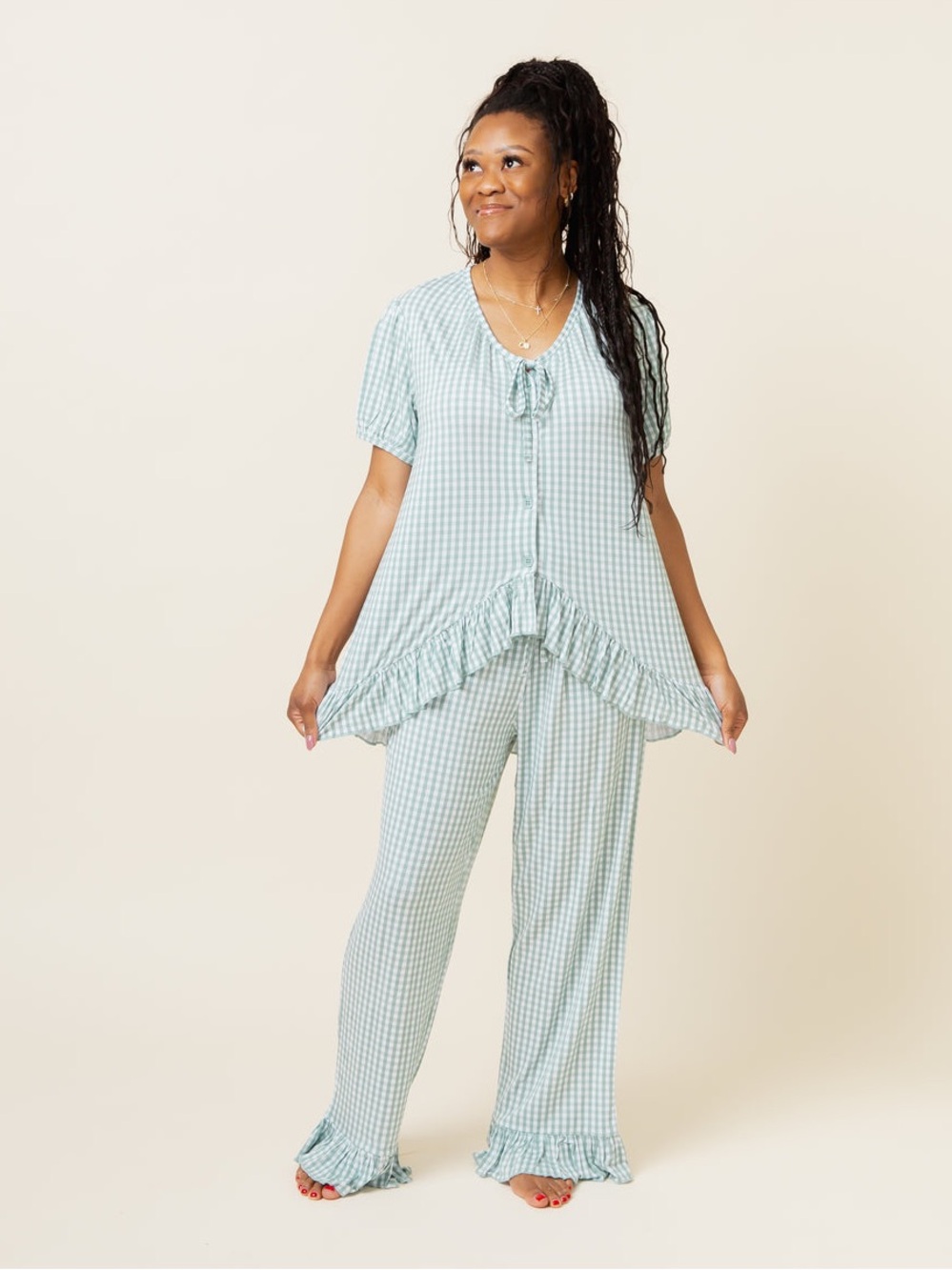 Bums & Roses Lucky Gingham Short Sleeve Ruffle Pajama Set Bamboo Size Large